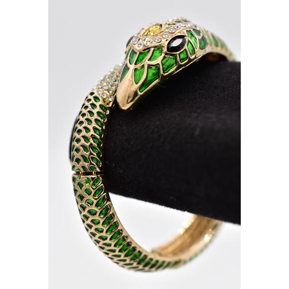 Vintage Green Enamel Snake Bracelet Rhinestone Eyes Hinged Gold Serpent 90s BinO - Picture 2 of 12